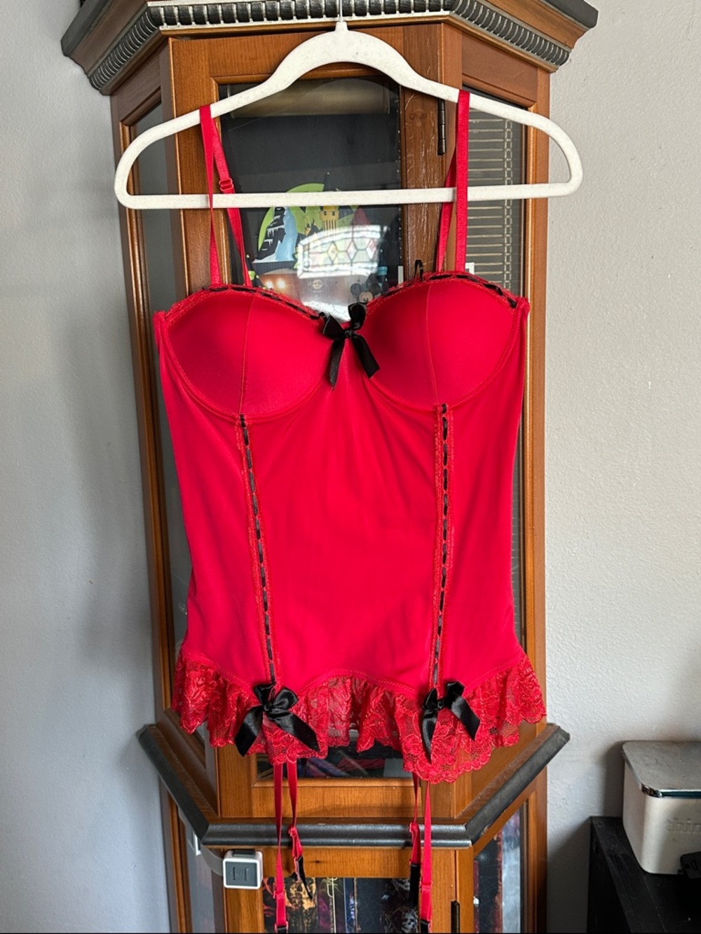Red Lace-Trim Bustier with Bow Accents